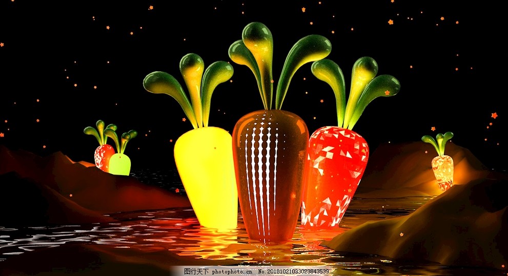 发光胡萝卜C4D建模ps调色