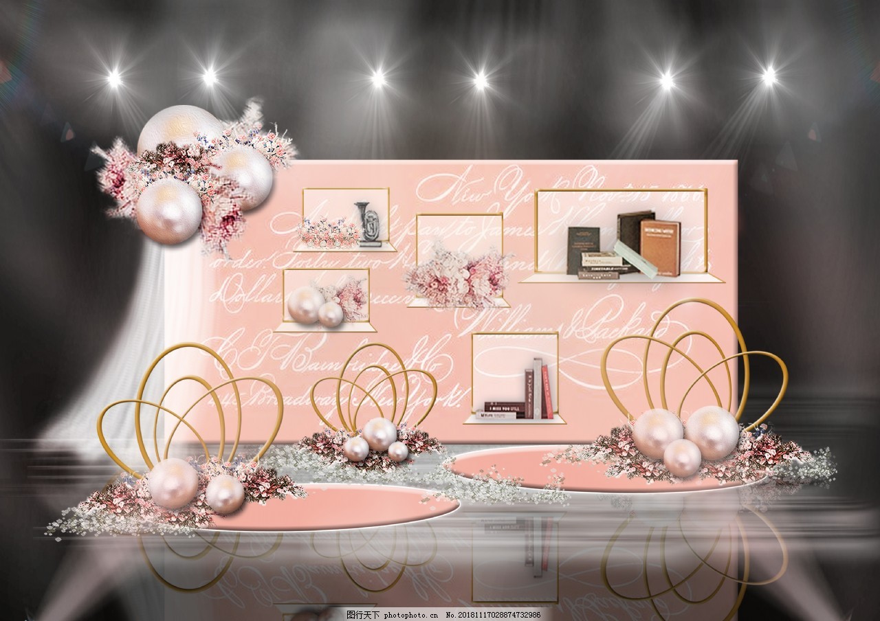 粉色珍珠英文书信背景金框玻璃婚礼效果图图片