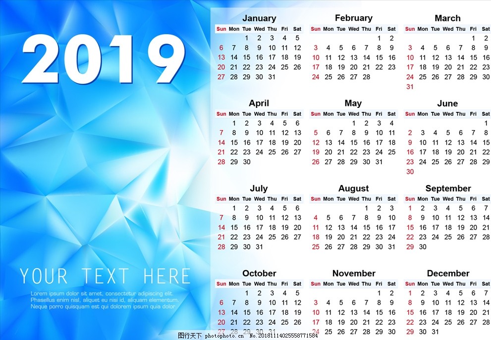 2019年日历,矢量日历,2019年,年历,日历,炫酷背景,蓝色背景,绚丽背景,蓝色几何背景,蓝色渐变背景,光感光效光线,2019日历,设计,生活百科,生活用品,AI