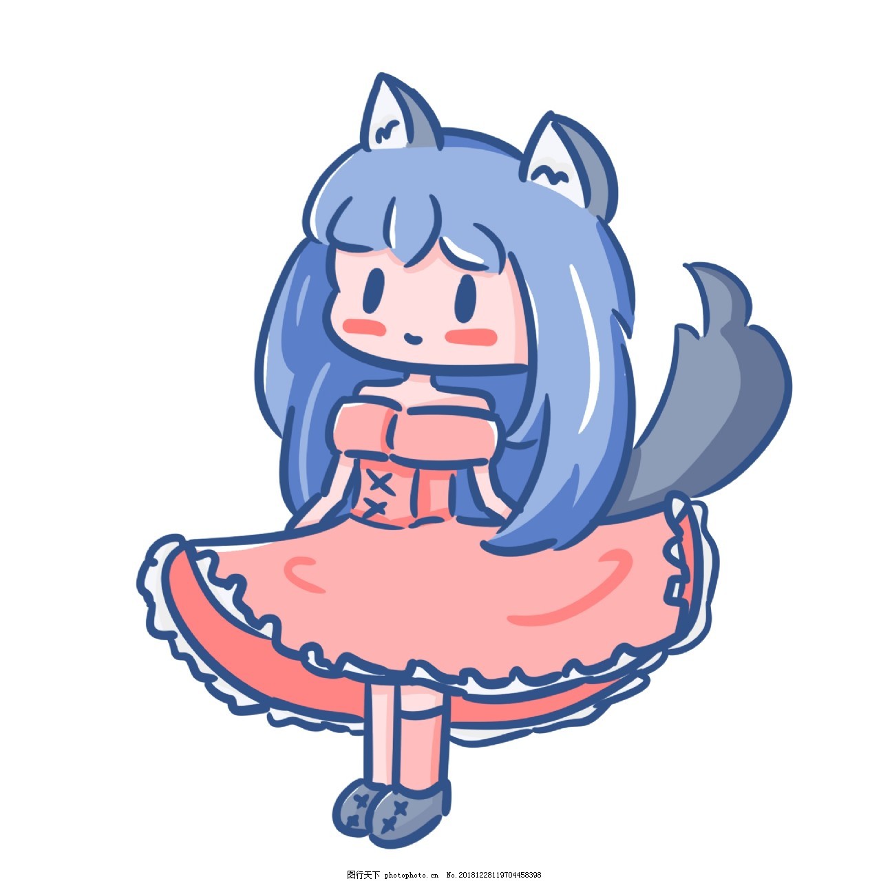 童话风可爱卡通手绘小狼女公主裙猫耳猫尾巴图片 装饰图案 设计元素 图行天下素材网